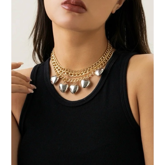 Urban Outfitters Jewelry - (NWT) UO • Gold/Silver Two-Toned Puffed Heart Pendant Chain Link Choker Necklace